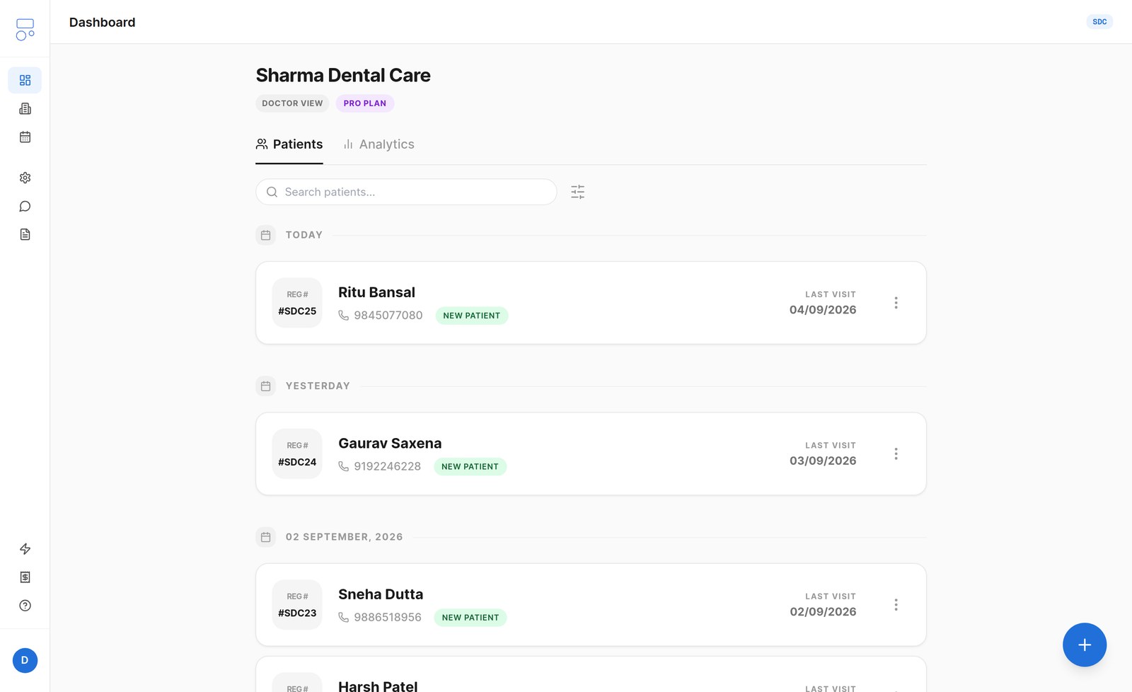 The Dentomate patient register, grouped into Today, Yesterday and earlier dates, each patient row carrying a registration number