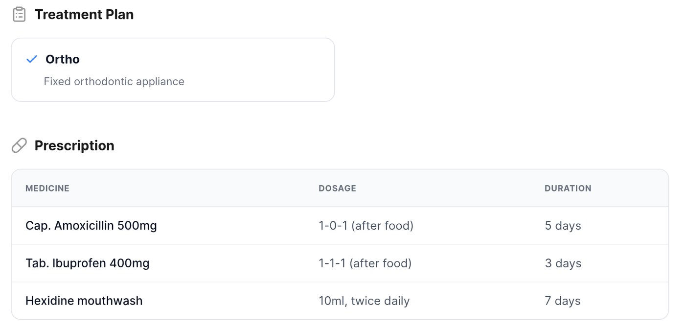 A Dentomate prescription, listing each medicine with dosage written as 1-0-1 (after food)