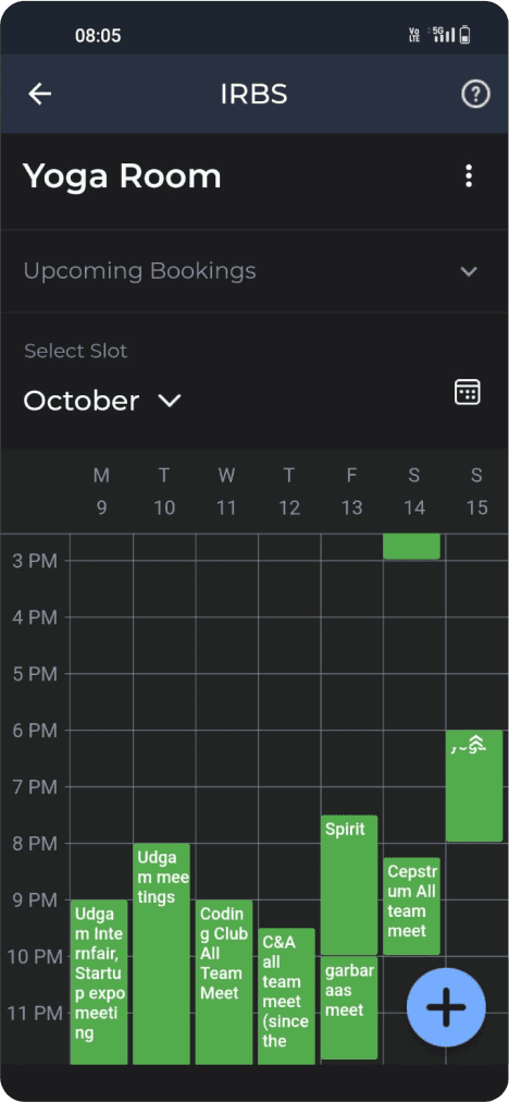 Live bookings in the Yoga Room calendar