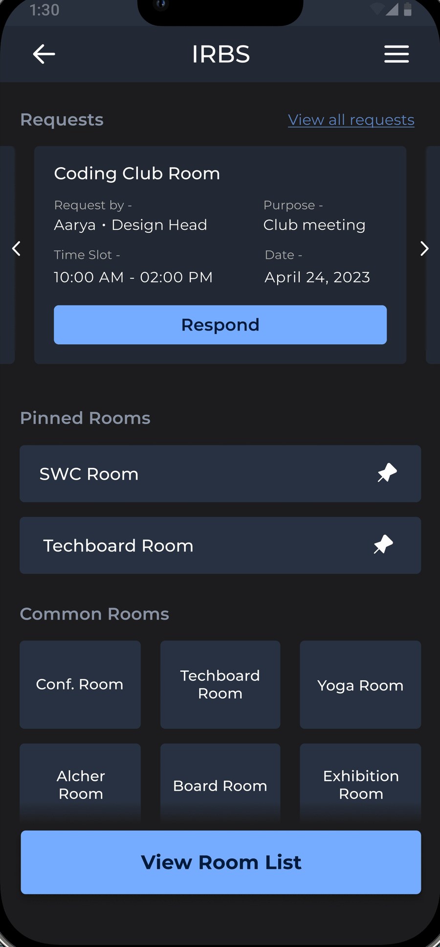 IRBS home — requests, pinned rooms and common rooms
