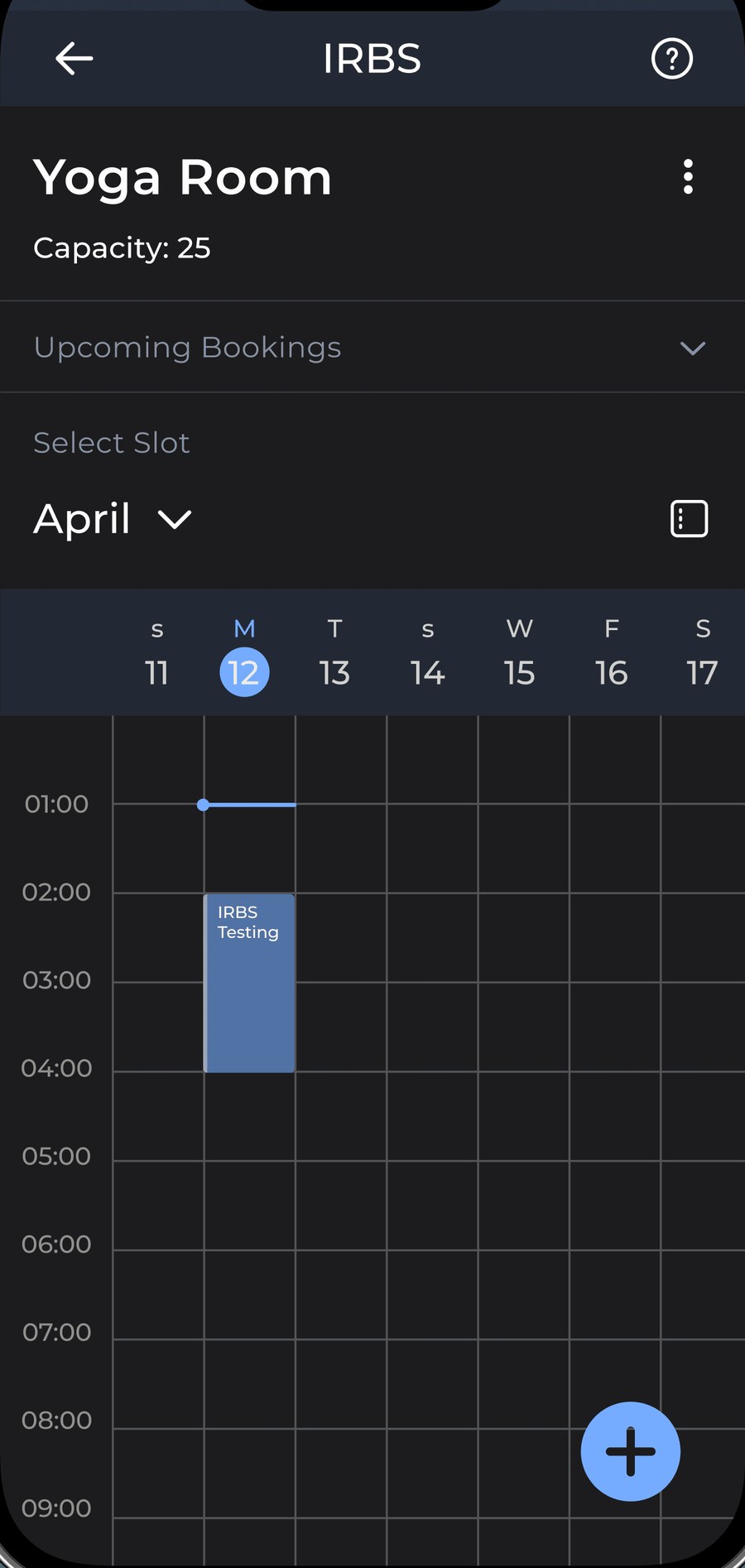 Yoga Room slot calendar showing an existing booking
