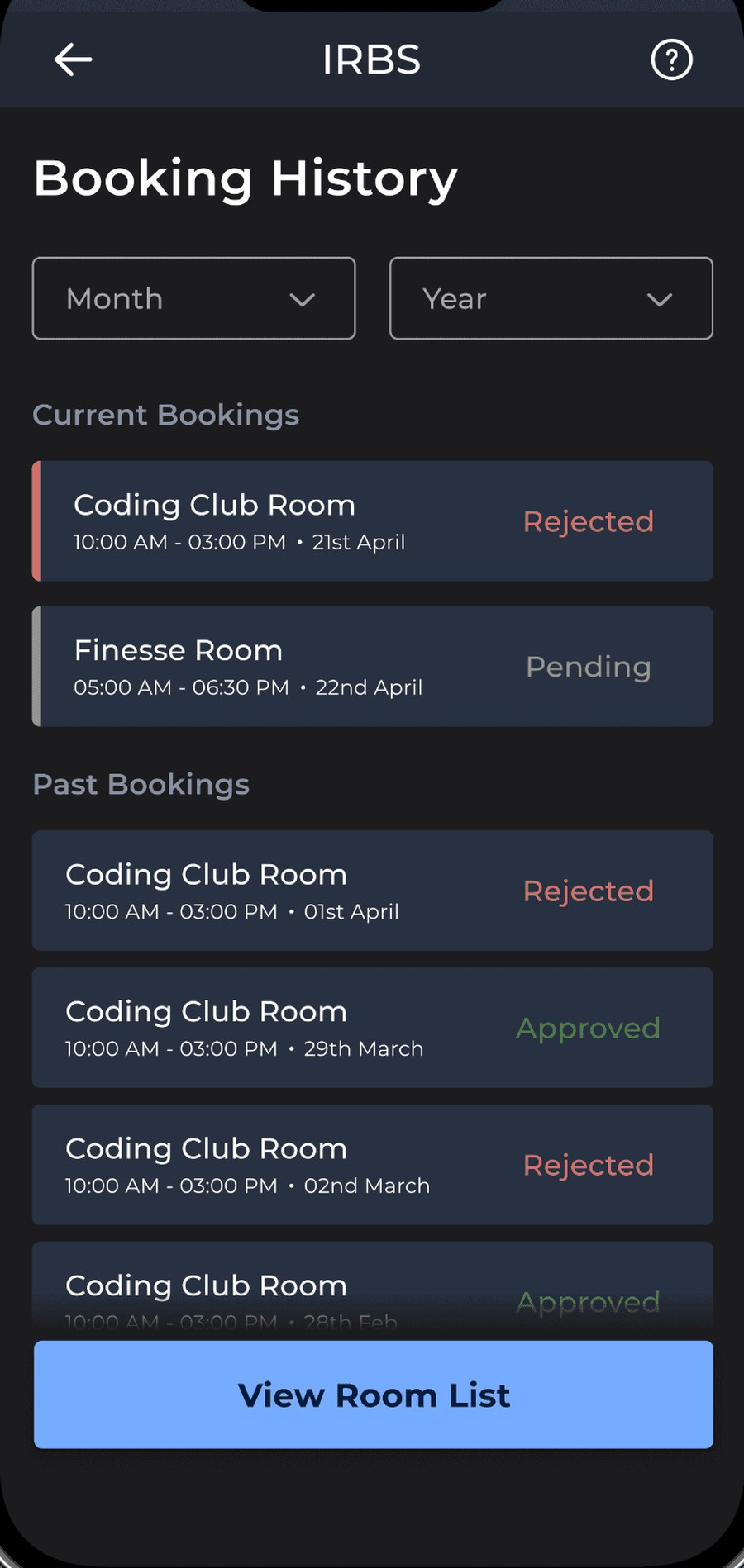 Booking history — colour-coded pending, approved and rejected requests
