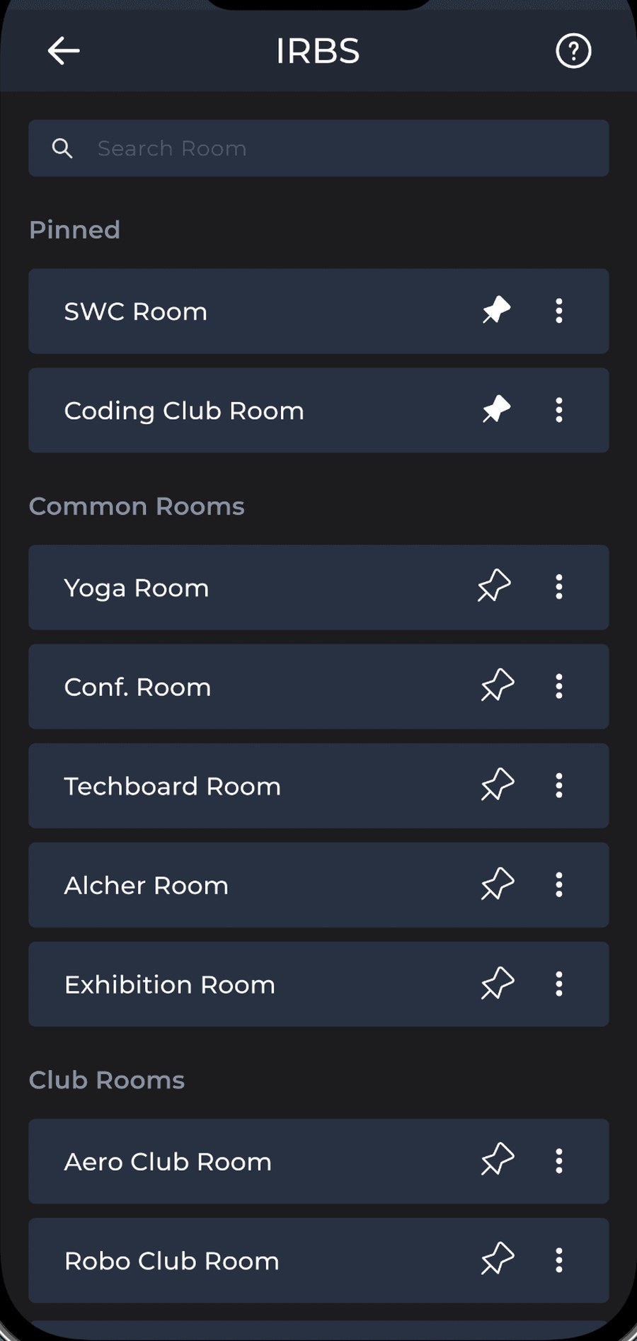Room list grouped by pinned, common and club rooms