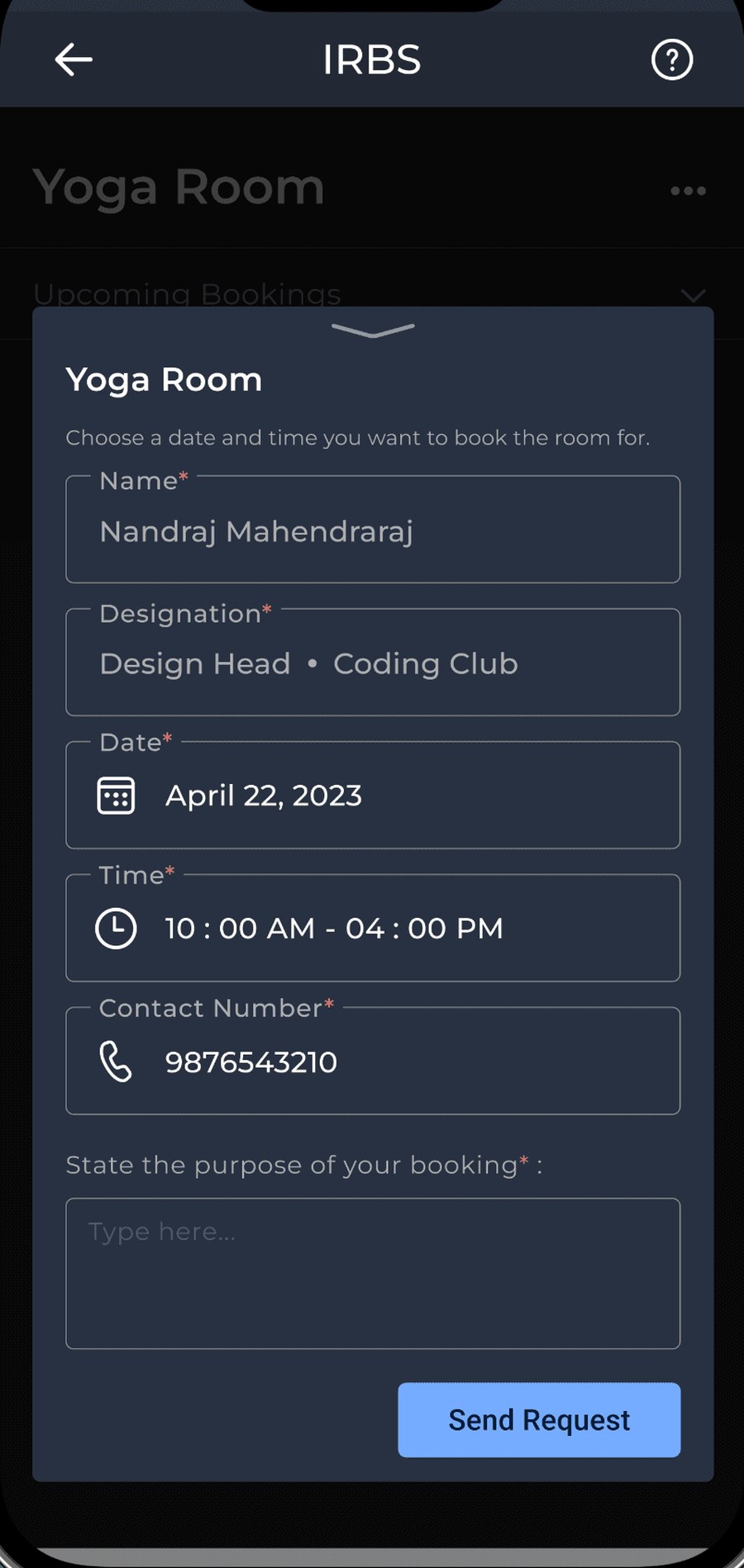 Booking request form for the Yoga Room