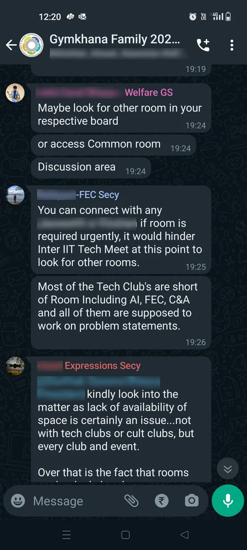 The Gymkhana WhatsApp group: a secretary is told to look for a room in another board, and replies that most tech clubs are short of space ahead of Inter IIT Tech Meet