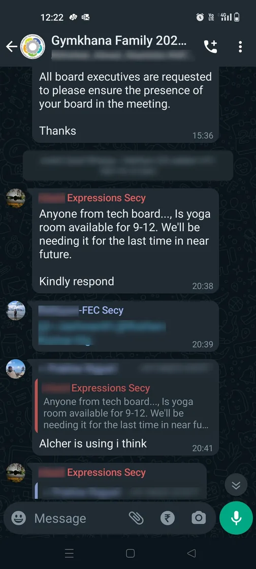 The same group two months later: a secretary asks whether the yoga room is free from nine to twelve, and is answered by another secretary guessing that Alcher is using it