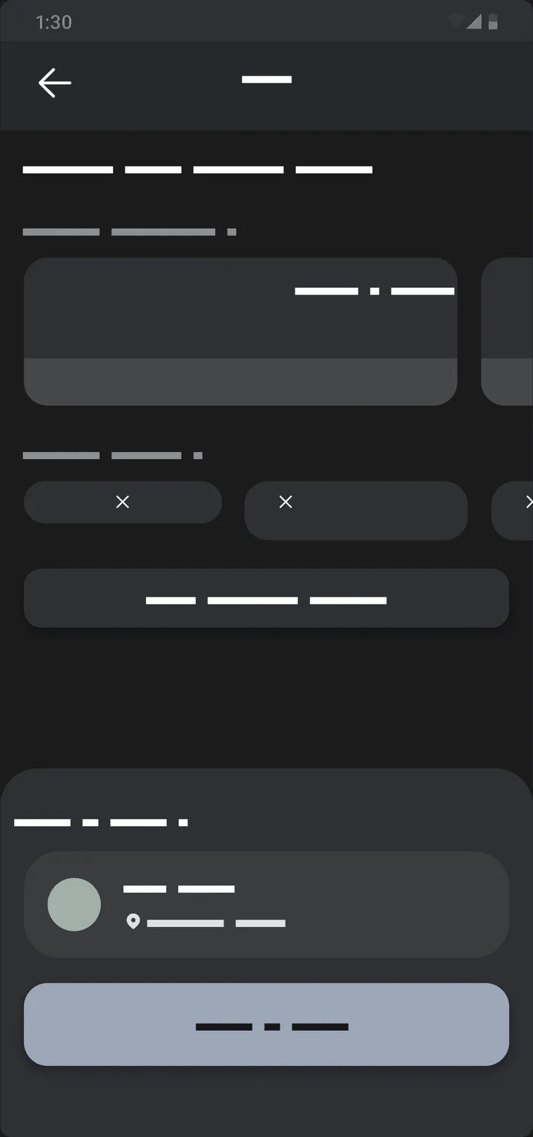 Wireframe of the layout that put cards and filter chips in horizontal carousels