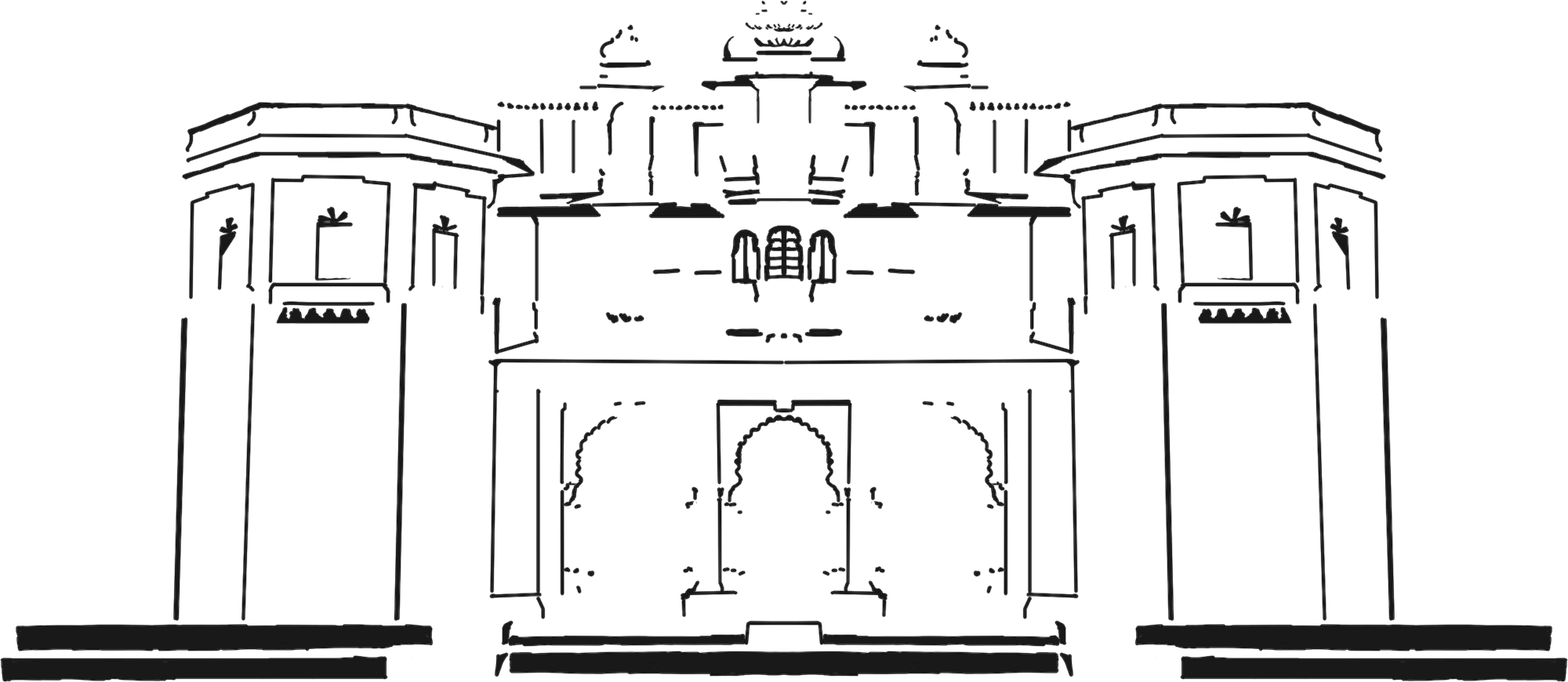 Line drawing of a symmetrical triple-arched gateway