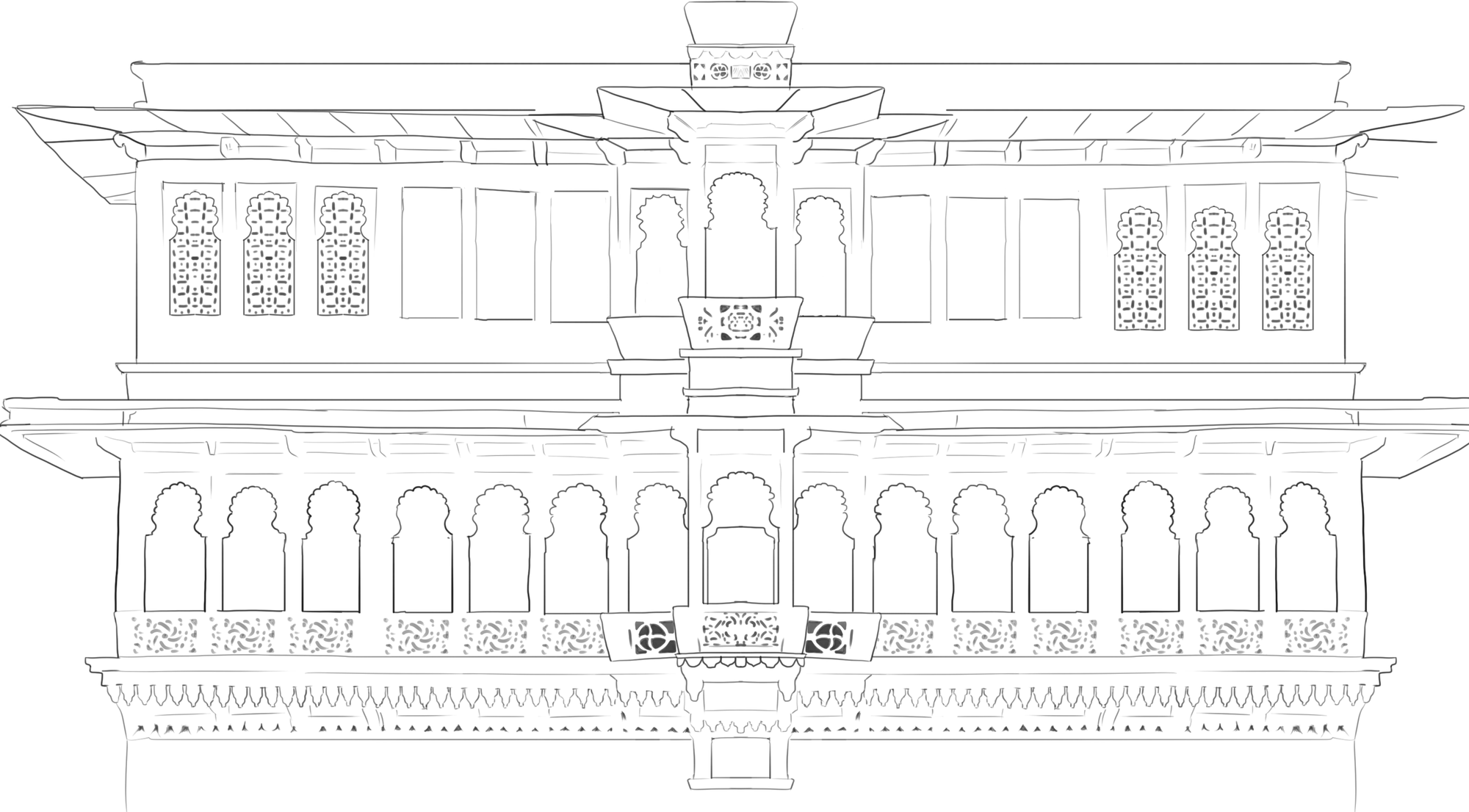 Line drawing of a haveli facade with two storeys of arched windows and a central jharokha