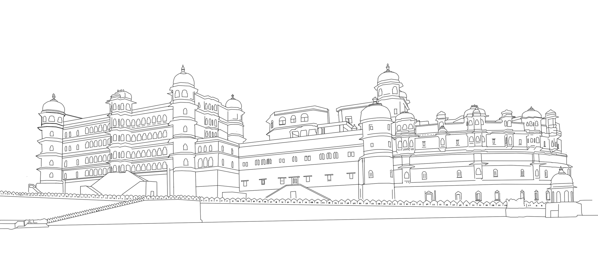 Wide line drawing of the Udaipur City Palace facade