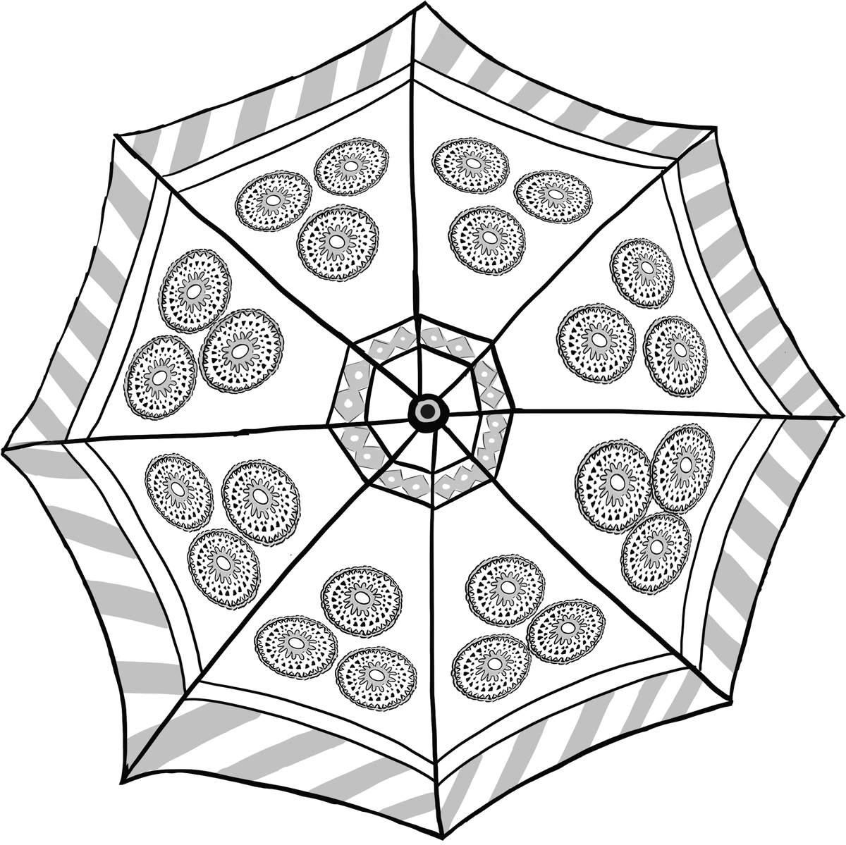 Ink drawing of an eight-panelled Rajasthani parasol with medallion details