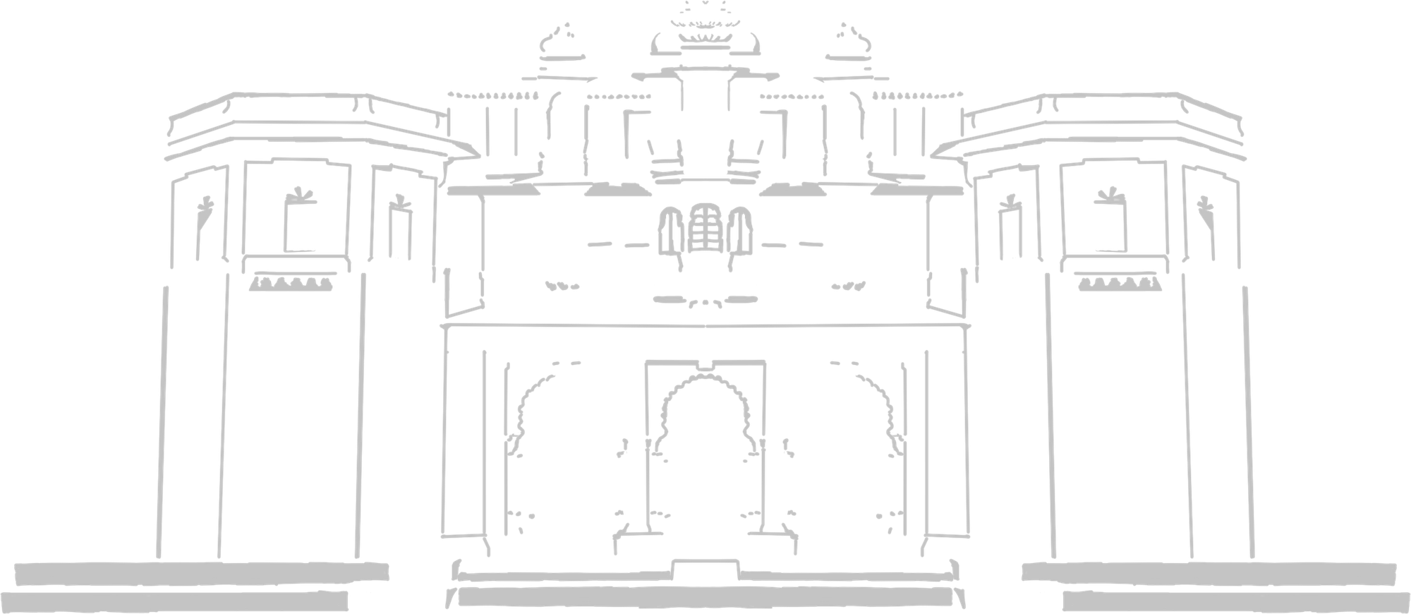 Line drawing of a triple-arched ceremonial gateway at Gangaur Ghat