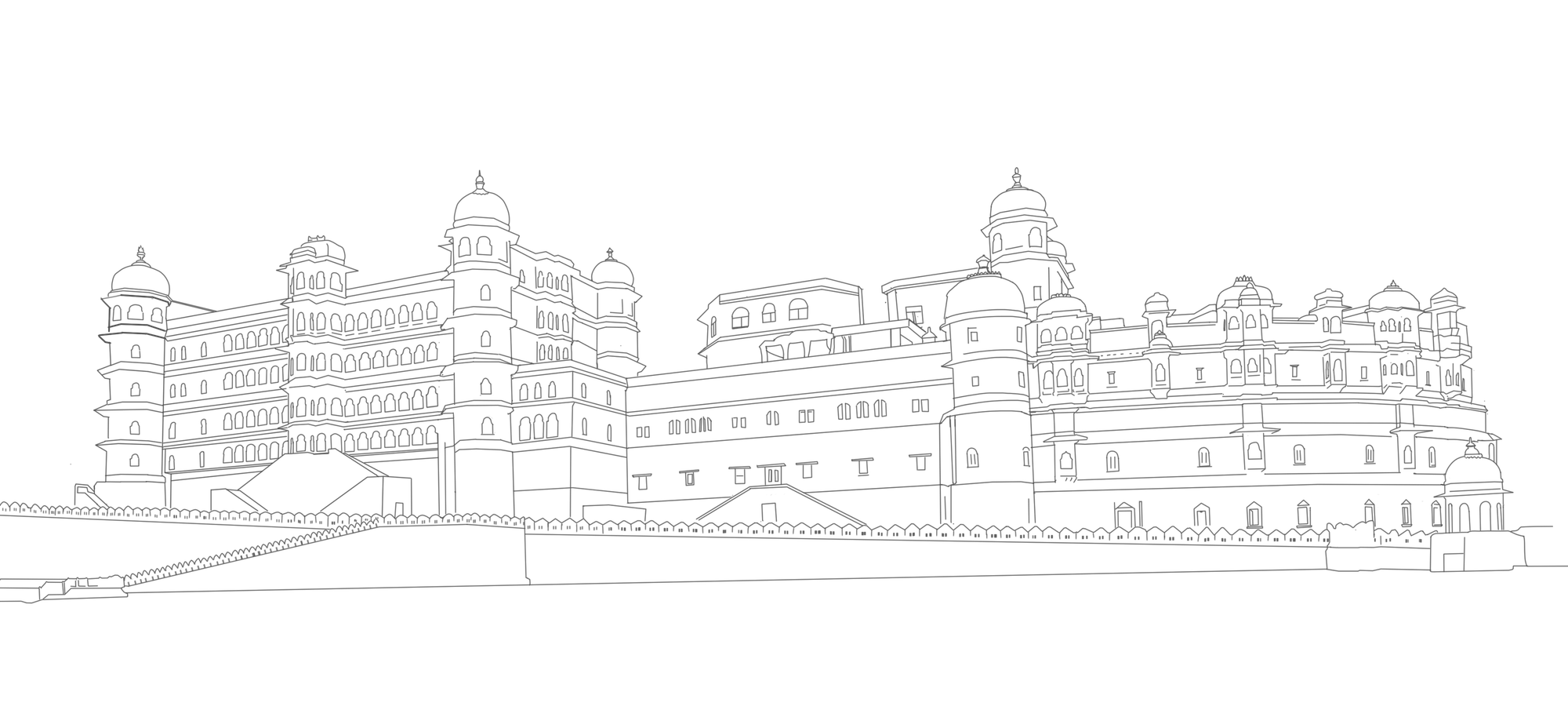 Line drawing of the City Palace, Udaipur, seen from Gangaur Ghat