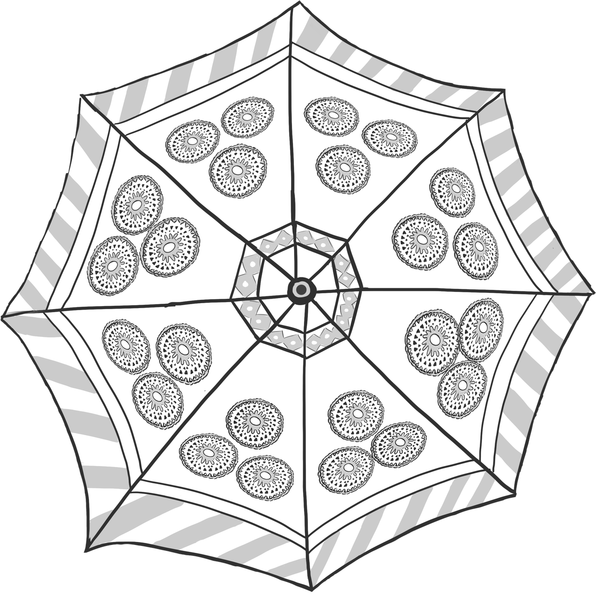 Line drawing of an ornate chhatri parasol seen from above