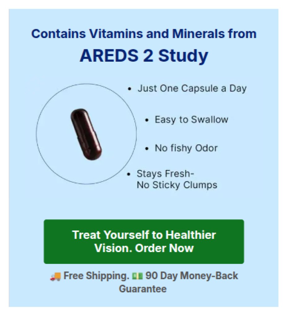 AREDS 2 product card listing capsule benefits above the order button and guarantee